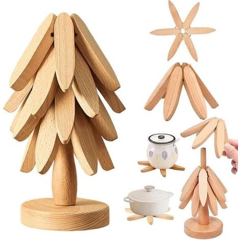 Dessous de plat pliable en bois de noyer avec support de rangement, dessous de plat de cuisine résistant à la chaleur pour casseroles, bols et théières chauds, coloris Logg Log, 5 supports (1/5)