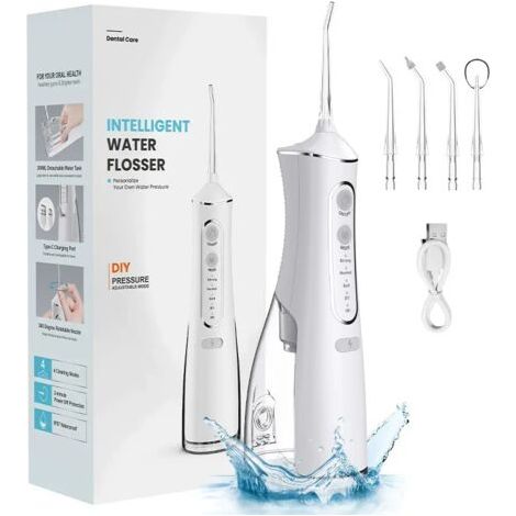 Hydropulseur dentaire portable sans fil 300 ml, rechargeable, étanche IPX7, pour le nettoyage des dents (blanc)