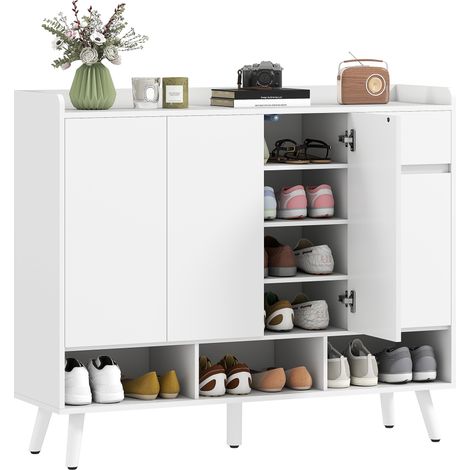 Zapatero sin tiradores, 4 puertas, 4 estantes ajustables, zapatero independiente con 5 patas de madera, madera, blanco (1/5)