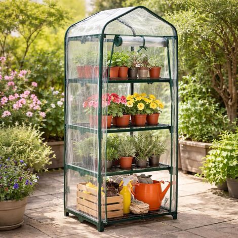 Greenhouse 4 Tier 130cm with Shelves Steel Frame PVC Cover Roll Up Zip Door Indoor Outdoor Small Garden Greenhouse