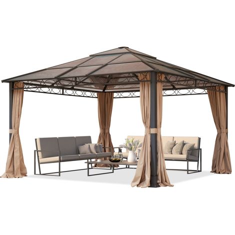 TOOLPORT Garden Gazebo 4x4 m with Hardtop Polycarbonate Roof - 4 Side Panels
