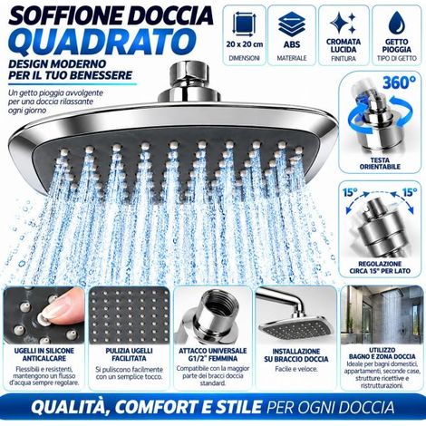 Soffione Doccia 20x20cm Cromato ABS Getto Pioggia Anticalcare Orientabile G1/2" (1/5)