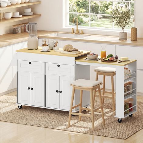 îlot central cuisine avec plateau extensible, desserte de cuisine sur roulettes avec 2 tiroirs, 4 portes, blanc (1/5)