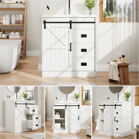 Meuble de salle de bain blanc design porte de grange, meuble sous-vasque avec lavabo en céramique, tiroirs et placard, moderne