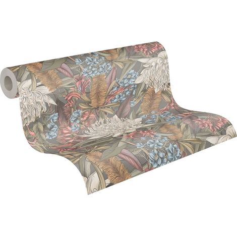 Papier peint nature coloré blanc, bleu, jaune, rouge Tapisserie fond gris style tropical Papier peint intissé idéal couloir et bureau (1/5)