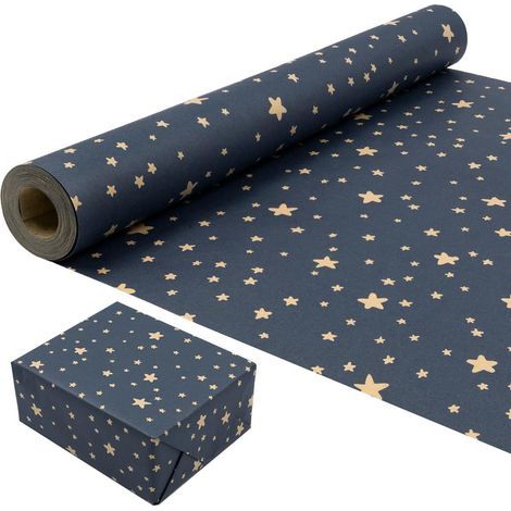 Rouleau de papier cadeau pour anniversaire : papier kraft recyclable bleu à motifs d'étoiles, 43 cm x 15 m (1/5)