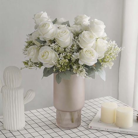 Rose Artificielle - Hauteur 33 Cm - Faux Soie et Plastique - Pour Décoration Intérieure et Extérieure - Bouquet de 11 Têtes (1/5)