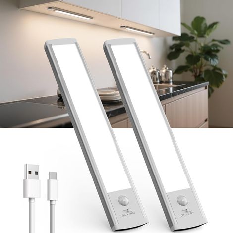 Lampe de Placard, 20cm Lampe Détecteur de Mouvement USB-C Éclairage LED Rechargeable, Lampe Cuisine sous Meuble sans Fil, 5 Luminosités (1/5)