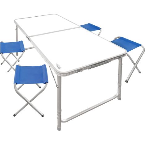 Table Pliante avec 4 Tabourets et Poignée de Transport. Ensemble Table et Chaise. Table de Camping, Jardin ou Montagne, Blanc et Bleu (1/2)