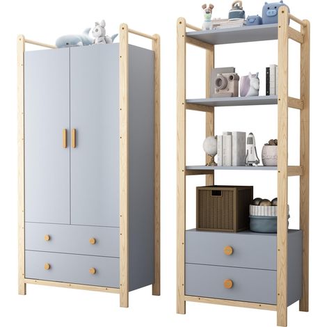 Armoire à double porte, ensemble armoire + étagère, ensemble chambre enfant, mobilier combiné, avec penderie et tiroirs, structure en épicéa, coloris bleu et bois naturel, hauteur 180 cm