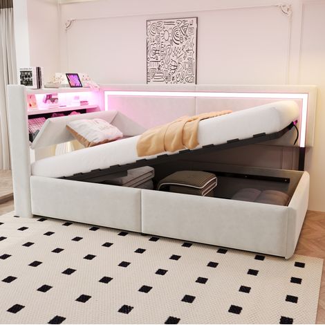 Polsterbett 90 x 200 cm mit LED, USB und öffnendem Kopfteil, beiger Samt OKMYHOME (1/5)
