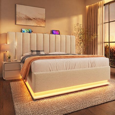 Lit coffre 268x211x112 cm en lin beige avec LED et USB-C, gain de place sans matelas – MEUBLIV (1/5)