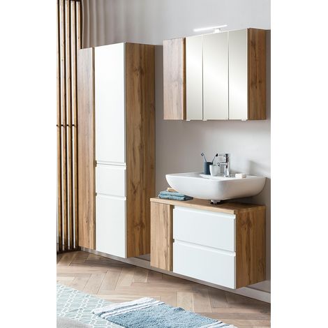 Badezimmer Set mit Aufsatzleuchte, stehend oder hängend, Wotan Eiche Nb. mit weiß matt, VASTO-03-WHITE, B/H/T ca. 165/200/35 cm (1/5)