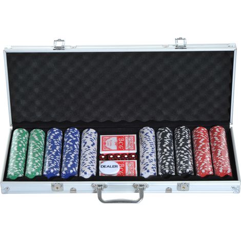 Mallette de Poker Coffret de Poker Complet avec 500 jetons 2 Jeux de Cartes + 5 dés Bouton Dealer 2 clés alu. (1/5)