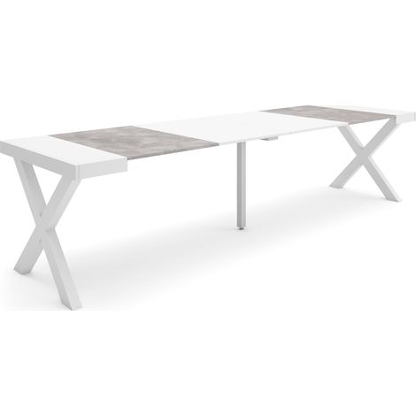 Skraut Home - Table console extensible, Console meuble, 300, Pour 14 personnes, Pieds bois massif, Style moderne, Blanc et Gris Ciment (1/5)