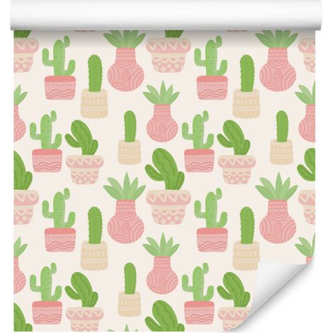 Papel pintado de cactus blanco y verde lima para salón y dormitorio, 50x1000 cm. (1/5)