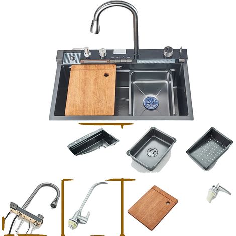 Évier de cuisine, simple cuve, robinet à commande tactile inclus, Gris 201 (1/2)