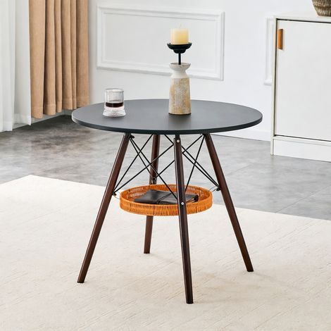 Table à manger ronde, plateau blanc, pieds couleur noyer, avec une structure de rangement en osier suspendue, noyer + noir (1/5)