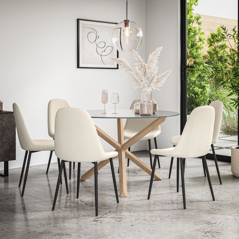 Malvern Round Dining Table And Chairs - Clear Glass Table Top w Solid Oak Legs + Maya Boucle Dining Chair Set Of 6 (Ivory White) (1/5)