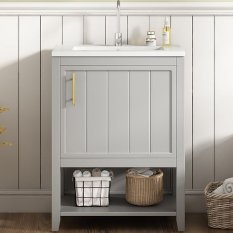 Mueble de baño con lavabo, 60 cm, sobre patas, gris HAVRYA (1/5)