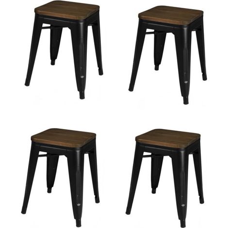 Lot de 4 tabourets en métal et bois "Liv" - Noir - H 46 x L 39 x P 39 cm - Livraison gratuite (1/3)