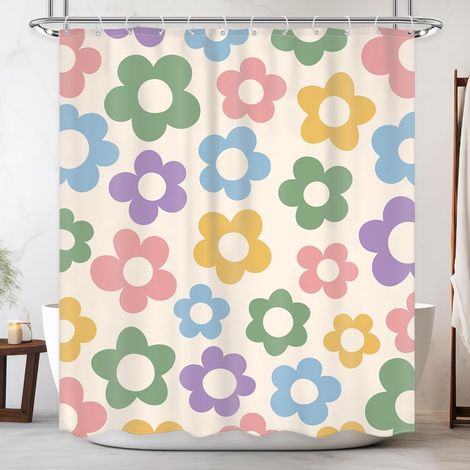 Joli rideau de douche rétro à motif floral pour salle de bain, 183 x 183 cm (l x H) danois, pastel groovy coloré, joli rideau de douche à motif floral vintage, ensemble de salle de bain pour (1/5)
