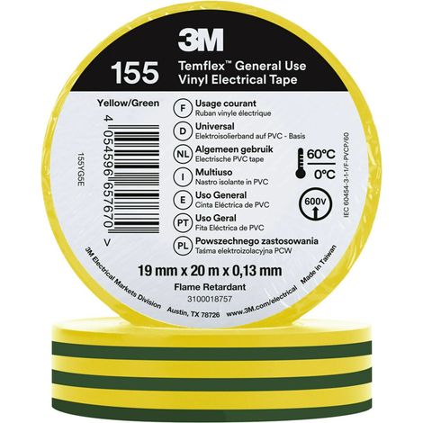 Ruban isolant 3M Temflex 155 en Vinyle Vert, Jaune 20m x 19mm x 0.13mm ( Prix pour 1 )