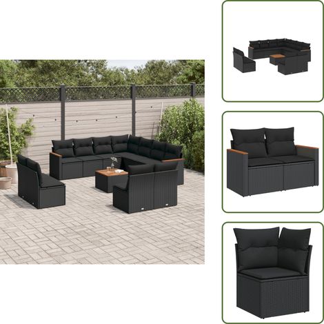 The Living Store 12-tlg. Garten-Sofagarnitur mit Kissen Schwarz Poly Rattan - Gartenmöbel Set - Outdoor Lounge - Rattan Gartenset - Esstisch Set - Balkonmöbel