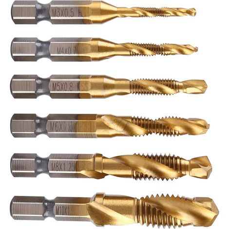 Lot de 6 Tarauds filetés et filières ou filetage métrique M3-M10 avec revêtement en titane HSS et tarauds 1/4", tige hexagonale cannelée, filetage de vis, utilisation pour tarauder différents (1/5)