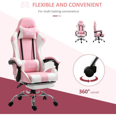 Fauteuil Gaming Ergonomique Bureau avec Appui-tête Coussin Lombaire Réglable en Hauteur Pivotant 360° Rose et Blanc (1/5)