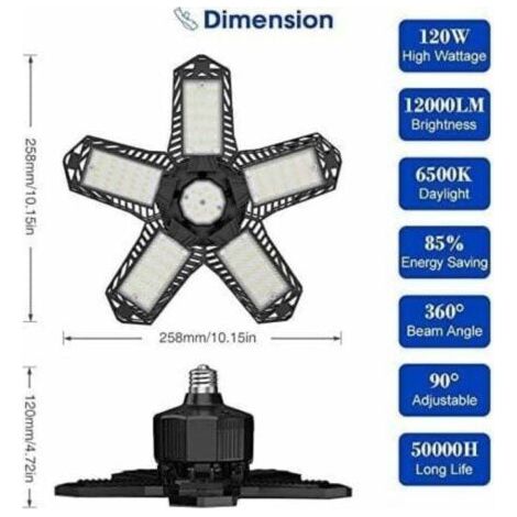 Kit d'éclairage LED pour garage - 120 W - 12 000 lm - Éclairage d'atelier - Plafonnier flexible - Panneau lumineux E26/E27 - 1 lampe (1/4)