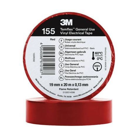 Ruban isolant 3M Temflex 155 en Vinyle Rouge 20m x 19mm x 0.13mm ( Prix pour 1 )
