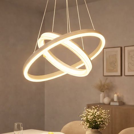 LED Hängeleuchte Höhenverstellbar Pendelleuchte Ringe Esszimmerleuchte sandfarben weiß, Metall, 30W 1900Lm warmweiß, DxH 50x150 cm