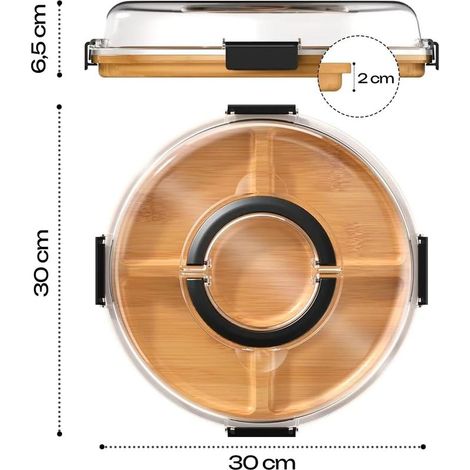 Plateau à Fromage en Bambou avec Couvercle – Planche de Service Portable pour Snacks & Tapas, Rond Planche à Découper avec Couvercle pour Cuisine & Pique-Nique, 30 x 30 x 6,5 cm (1/5)
