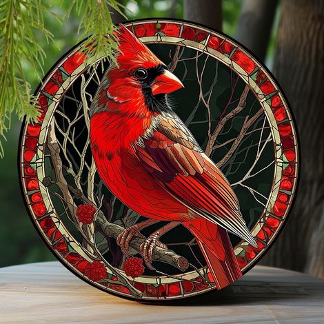 Panneau Décoratif En Aluminium - 20 x 20 cm - Thème Oiseau Cardinal Rouge - Ronde - Pour Intérieur Et Extérieur - 1 Pièce (1/5)