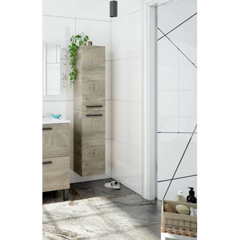Dmora - Columna de baño Dabado, Mueble columna para baño con 2 puertas, Mueble de pared suspendido con 2 baldas, 30x25h150 cm, Roble (1/5)