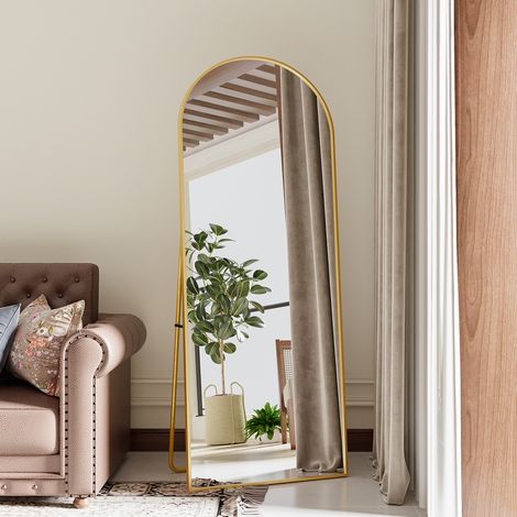 Miroir sur pied 165x60cm ,miroir arqué sur toute la longueur, cadre en alliage d'aluminium avec support,verre incassable,convient aux salons, chambres, couloirs,or (1/5)