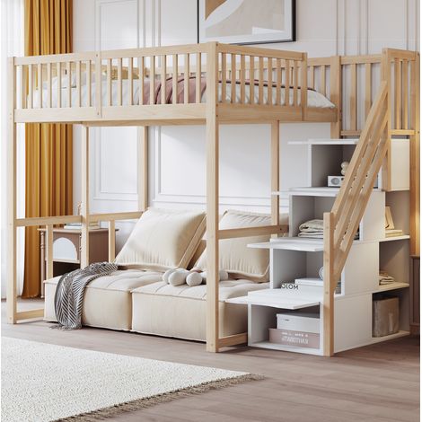 Letto a soppalco 140x200 cm con scala contenitore, legno naturale, senza materasso FloraGrace (1/5)
