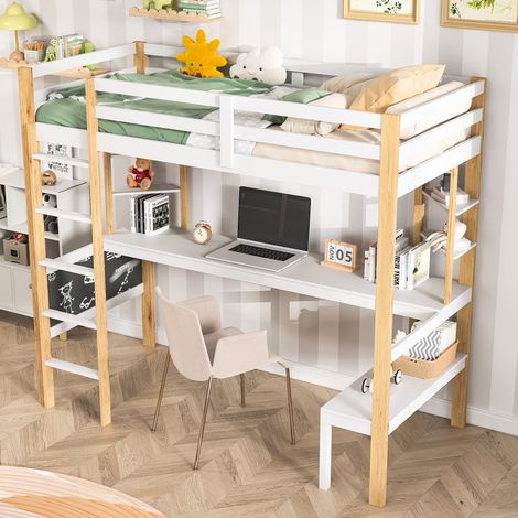 Lit mezzanine 90 × 200 cm – 1 place enfant – Bureau et étagères – Échelle et barrières de sécurité – Tableau noir – Structure en pin – Chambre d’enfant – Blanc (1/5)
