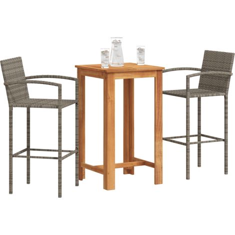 3-tlg. Gartenbar-Set Grau Massivholz Akazie und Poly Rattan