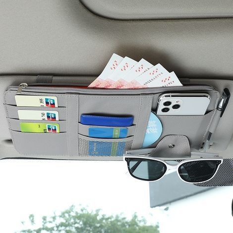 Pare Soleil de Voiture Organisateur Auto intérieur en Cuir Accessoires Poche de Rangement étui Sac pour Carte clé de Licence téléphone gris (1/5)