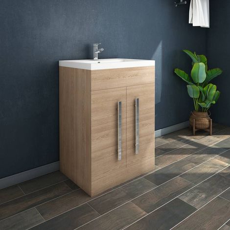 NRG Oak Bathroom Furniture Storage Cabinet Freestanding Vanity Unit & Basin - 600mm (1/5)