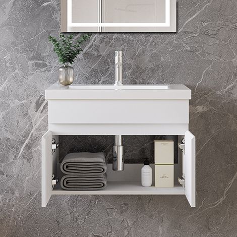 AICA Bathroom 590x385x400mm Wall-mounted Vanity Unit,Matte White MDF Double-door,Detachable Soft Close + Artificial Stone Square Basin (1/5)