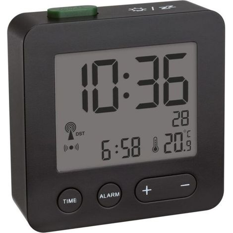 Réveil numérique, avec Horloge Radio-pilotée, fuseaux horaires réglables, réveil température et écran Lumineux, Noir (1/4)