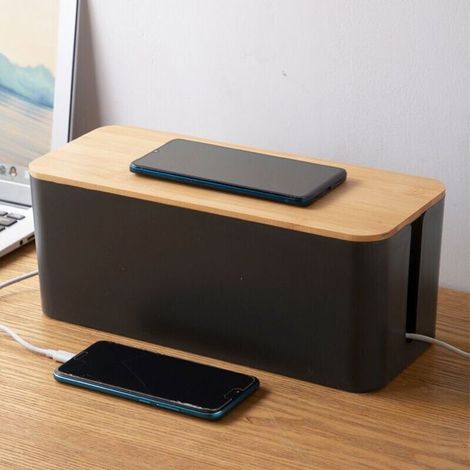 Boîte Cache Câbles - LARGEIGHT - Noir - Couvercle en Bois - Rangement Électrique - Protection Multiprise (1/4)