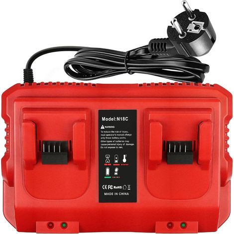 Ersatzladegerät kompatibel mit dem Milwaukee M18 Akku, Dual-Port-Schnellladegerät 14,4 V–18 V 4 A mit LED-Anzeige für Ladevorgang und Akkustatus, Zwei-Port-Mehrfachladegerät (1/5)