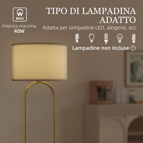 Lampadaire élégant doré avec abat-jour textile, structure métallique double tube, interrupteur au sol. (1/5)