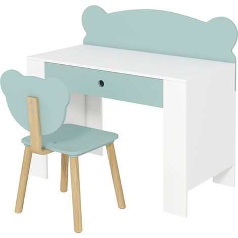 Kindertisch mit Stuhl, Schreibtisch 80x41x74,5cm grün, Schublade und große Tischplatte