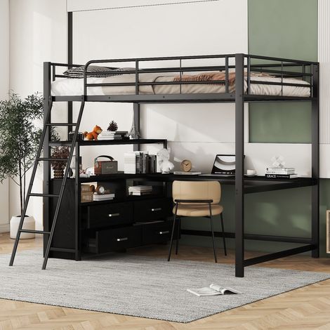 Lit mezzanine 140x200 avec bureau et 4 tiroirs - métal - rangements - charge 150kg - noir (1/5)