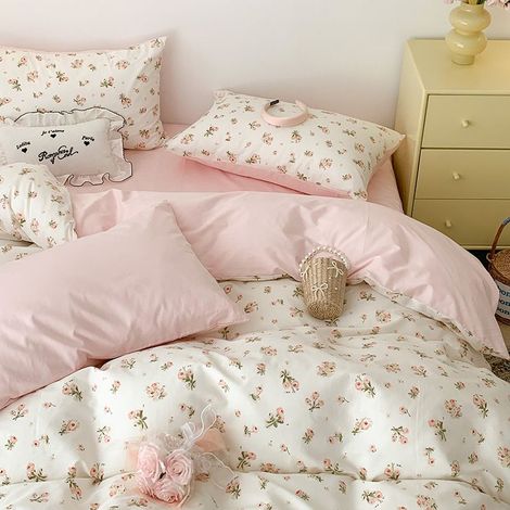 Ensemble de 4 pièces en coton lavable en machine pour lit de 180 cm – Drap-housse, drap plat et 2 taies d’oreiller – Couette 180x220 cm – Rose pastel et motif cerisier japonais